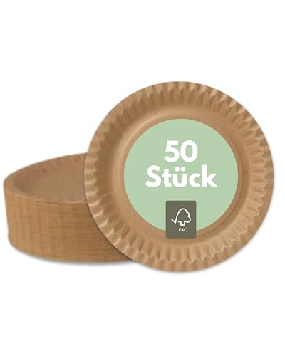 Pappteller | Braun | Rund | 23cm | 50 Stück | FSC-Zertifiziert | Fettdicht | Biologisch Abbaubar | Umweltfreundlich | Kompostierbar | Beschichtung auf Wasserbasis | Geschirr | Papier | Einweg (50) von ONISM