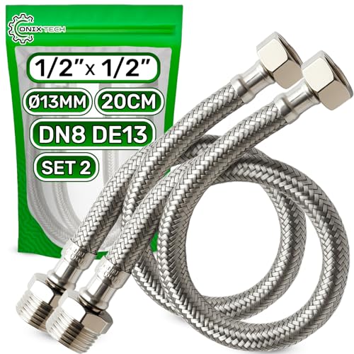2 Stück Panzerschlauch 20 cm Innengewinde 1/2 x Außengewinde 1/2 zoll DN8 DE13 - Flexschlauch Hergestellt aus Edelstahl Temperatur max 70°C Betriebsdruck 10 bar - Garantie 5 Jahre - ONIX TECH von ONIX TECH