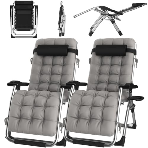 ONKBOITE 2er Set Sonnenliege klappbar Liegestuhl Gartenliege Keine Installation, mit Getränkehalter, Relaxliege mit Kissen, atmungsaktiv, für innen Gartenstuhl Campingstühle(Grau, 65cm) von ONKBOITE