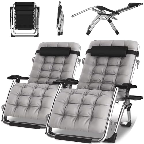 ONKBOITE 2er Set Sonnenliege klappbar Liegestuhl Gartenliege Keine Installation, mit Getränkehalter, Relaxliege mit Kissen, atmungsaktiv, für innen Gartenstuhl Campingstühle(Grau, 84cm) von ONKBOITE