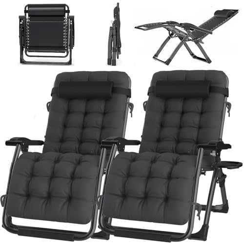 ONKBOITE 2er Set Sonnenliege klappbar Liegestuhl Gartenliege Keine Installation, mit Getränkehalter, Relaxliege mit Kissen, atmungsaktiv, für innen Gartenstuhl Campingstühle(Schwarz, 84cm) von ONKBOITE