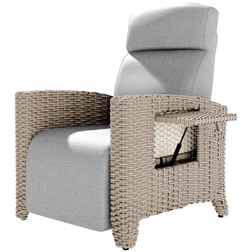 ONKBOITE Relaxliege Liegesessel, Ergonomische Relaxliege Rattansessel, Verstellbare Rückenlehne, mit Dickem Kissen, Geeignet für Drinnen, Balkon, Garten, Innenhof(Braune Rattankanten + Graues Kissen) von ONKBOITE