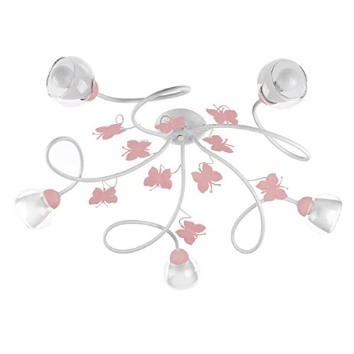 ONLI Deckenleuchte 5 Lichter Kinderzimmer aus weißem Metall mit rosa bemalten Schmetterlingen von ONLI