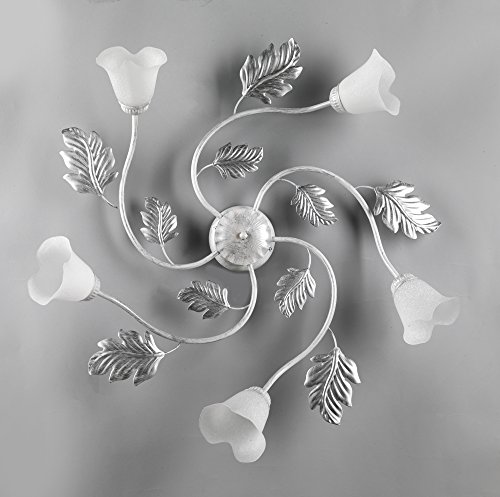 ONLI - Kronleuchter/Deckenleuchte 5-flammig Marilena aus Metall weiß gebürstet Silber Lampenschirme aus Glas weiß Produkt handgefertigt in Italien Ø 70cm, Metall;Glas von ONLI