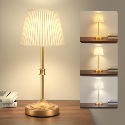 ONLYWIN Tischlampe Kabellos mit Stofflampenschirm, Akku Tischlampe Vintage 5400mAh, 3 Lichtfarben Dimmbar Tischleuchte Kabellos Nachtlicht für Küche, Schlafzimmer, Wohnzimmer(Goldenes Messing) von ONLYWIN