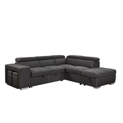 ONMYJFD 266,7 cm Sektionalsofa mit verstellbarer Kopfstütze, ausziehbares Schlafsofa mit Stauraum, Ottomane und 2 Hockern von ONMYJFD