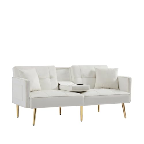 ONMYJFD Schlafsofa, Samt-Schlafsofa mit goldfarbenen Metallbeinen, Seitentasche, Getränkehalter, 3 verstellbare Positionen von ONMYJFD
