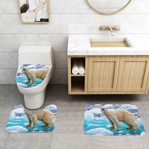 ONNEXO Badematten-Set mit Bären-Eisdruck, 3-teiliges Set für Badezimmer, waschbarer Bezug, Bodenteppich, Dekorationen für Küche, Badezimmer, Schlafzimmer von ONNEXO