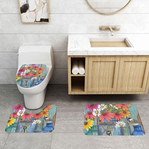 ONNEXO Badematten-Set mit frischem Blumenmotiv, 3-teiliges Set für Badezimmer, waschbarer Bezug, Bodenteppich, Dekorationen für Küche, Badezimmer, Schlafzimmer von ONNEXO