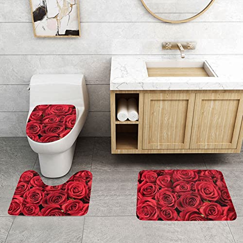 ONNEXO Badematten-Set mit rotem Rosenmuster, 3-teilig, waschbarer Bezug, Bodenteppich, Dekorationen für Küche, Badezimmer, Schlafzimmer von ONNEXO