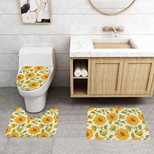 ONNEXO Badematten-Set mit schönem gelbem Sonnenblumendruck, 3-teilig, waschbarer Bezug, Bodenteppich, Dekorationen für Küche, Badezimmer, Schlafzimmer von ONNEXO