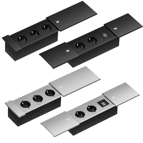 Onpira® Einbausteckdose Slim in 2 Farben Silber oder Schwarz und in 25 Ausführungen 2x Schuko, 3x Schuko + 1x Internet, 4x Schuko oder 3x Schuko + 2x USB auswählbar (Modell B / 4-Fach, Schwarz) von ONPIRA
