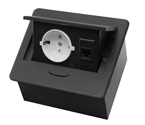 Einbausteckdose versenkbar mit oder ohne USB und in 2 Farben Silber oder Schwarz zum Auswählen Aluminium Spritzguss mit Softöffnung - versenkbar (1-Fach + Internet, Schwarz) von ONPIRA