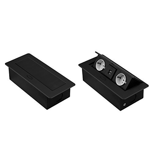 Einbausteckdose versenkbar mit oder ohne USB und in 2 Farben Silber oder Schwarz zum Auswählen (2x Schuko + 2x USB, Schwarz) von ONPIRA