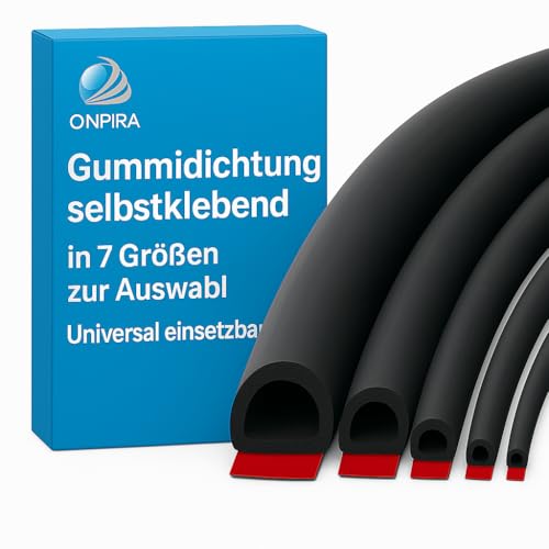 Onpira® Gummidichtung selbstklebend Schwarz – 7 Größen wählbar 8x6mm, 9x8mm, 10x8mm, 12x10mm, 14x12mm, 16x14mm, 20x18mm – Türdichtung, Fensterdichtung, Dichtungsband für Türen, Fenster, Auto von ONPIRA