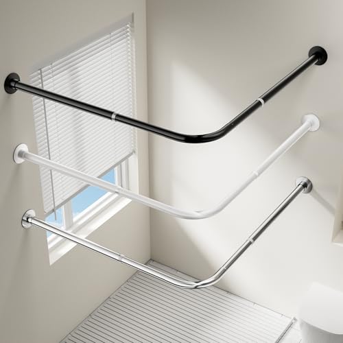 Onpira® Eck-Duschvorhangstange Teleskop L-Form 90–180 cm – Edelstahl, selbstklebend oder schraubbar – Ohne Bohren – In Silber, Schwarz, Weiß – 12 Varianten wählbar (Selbstklebend Schwarz, 90x90cm) von ONPIRA