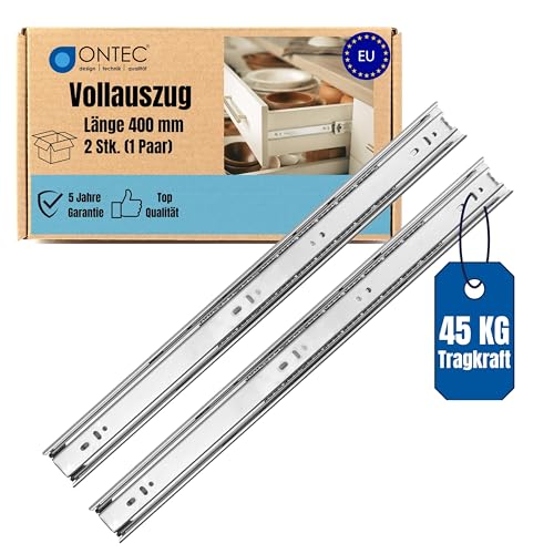 ONTEC Schubladenschienen Vollauszug 400mm 2 Stück - Schubladenauszug Extra Stabil Schubladen Schienensystem 45kg Traglast Auszugschienen Schubladenführungen - Leichte Montage von ONTEC