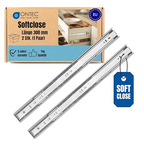 ONTEC Softclose Schubladenschienen Vollauszug 300mm 2 Stück - Schubladenauszug Extra Stabil Schubladen Schienensystem 45kg Traglast Auszugschienen Schubladenführungen - Leichte Montage von ONTEC