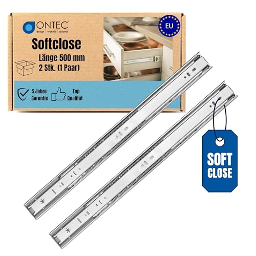 ONTEC Softclose Schubladenschienen Vollauszug 500mm 2 Stück - Schubladenauszug Extra Stabil Schubladen Schienensystem 45kg Traglast Auszugschienen Schubladenführungen - Leichte Montage von ONTEC