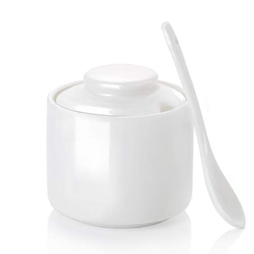 ONTUBE Keramik-Zuckerdose mit Deckel und Löffel, Porzellan-Gewürzdose, Salzschale, 237 ml, Weiß von ONTUBE