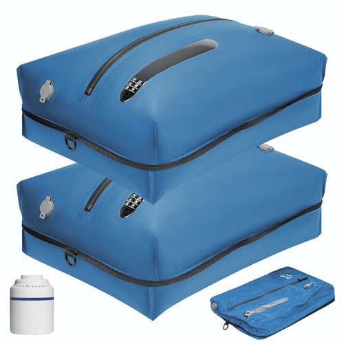 Vakuumbeutel für Kleidung Wiederverwendbar TPU Vakuumierbeutel mit Luftdichtem Ventil Reise Nylon Organizer mit Wasserdichtem Reißverschluss Luftdichte Packwürfel für Koffer Rucksack(2 Stk +1 Pumpe) von ONTYZZ