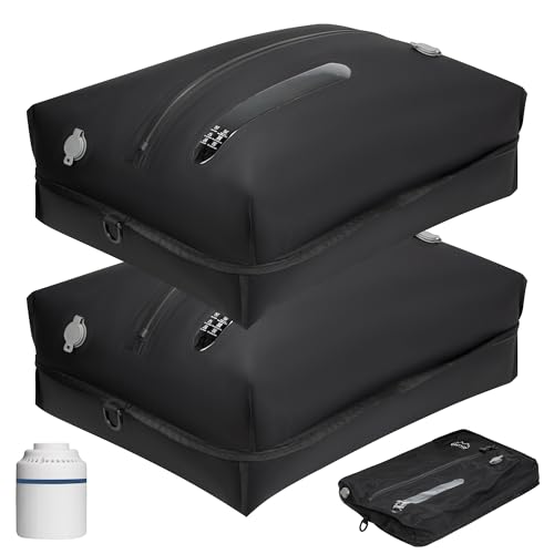 Vakuumbeutel für Kleidung Wiederverwendbar TPU Vakuumierbeutel mit Luftdichtem Ventil Reise Nylon Organizer mit Wasserdichtem Reißverschluss Luftdichte Packwürfel für Koffer Rucksack(2 Stk +1 Pumpe) von ONTYZZ
