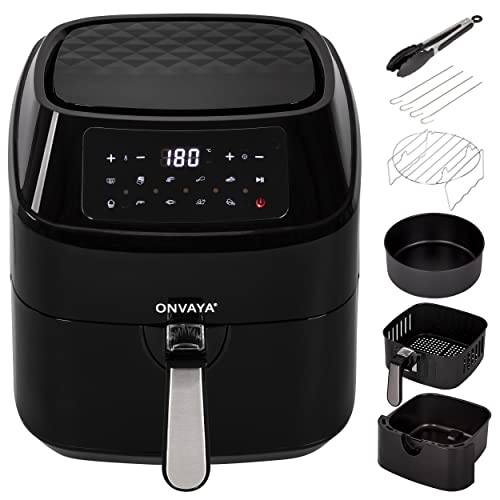 ONVAYA® Heißluftfritteuse | Airfryer XXL | Fritteuse ohne Öl & Fett | für 5-6 Personen | mit LED-Display | 10 Programme | 1700 W | inkl. Backform & Grillrost mit Spießen von ONVAYA