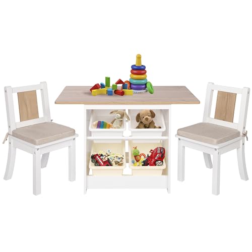 ONVAYA® Kindertisch-Set mit Stühlen | Weiß-Holz | Kindersitzgruppe mit Stauraum | Kindermöbel-Set mit Tisch und 2 Stühlen | Kindertischgruppe aus Holz | Sitzgruppe fürs Kinderzimmer von ONVAYA
