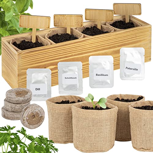 ONVAYA® Kräuter Anzuchtset mit Holzkiste | Indoor Kräutergarten | Grow Kit | Mini-Kräutergarten | Kräutergarten-Set mit Basilikum, Schnittlauch, Petersilie & Dill Samen von ONVAYA