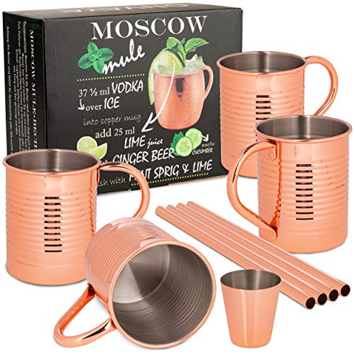 ONVAYA® Moscow Mule Becher Geschenk Set | Kupferbecher für Cocktails | Pinchen | Kupfertassen | Komplettset Gin Mule | Munich Mule (Dosen Design) von ONVAYA