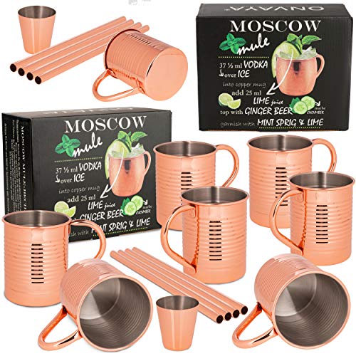 ONVAYA® Moscow Mule Becher Geschenk Set | Kupferbecher für Cocktails | Pinchen | Kupfertassen | Komplettset Gin Mule | Munich Mule (Dosen Design 2 x 4er Set) von ONVAYA