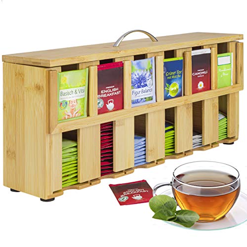 ONVAYA® Teebox aus Holz | Teekiste mit 6 Fächern | Teebeutelbox für ca. 200 Teebeutel | Tee Aufbewahrungsbox | Teebeutelspender aus Bambus | Teebeutel Organizer von ONVAYA