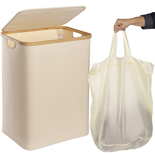 ONVAYA® Wäschekorb mit Deckel | 70 Liter | Beige | Wäschesammler fürs Badezimmer | Wäschetruhe aus Bambus-Holz & Oxford-Stoff | Design Wäschebox | Wäschesortierer von ONVAYA