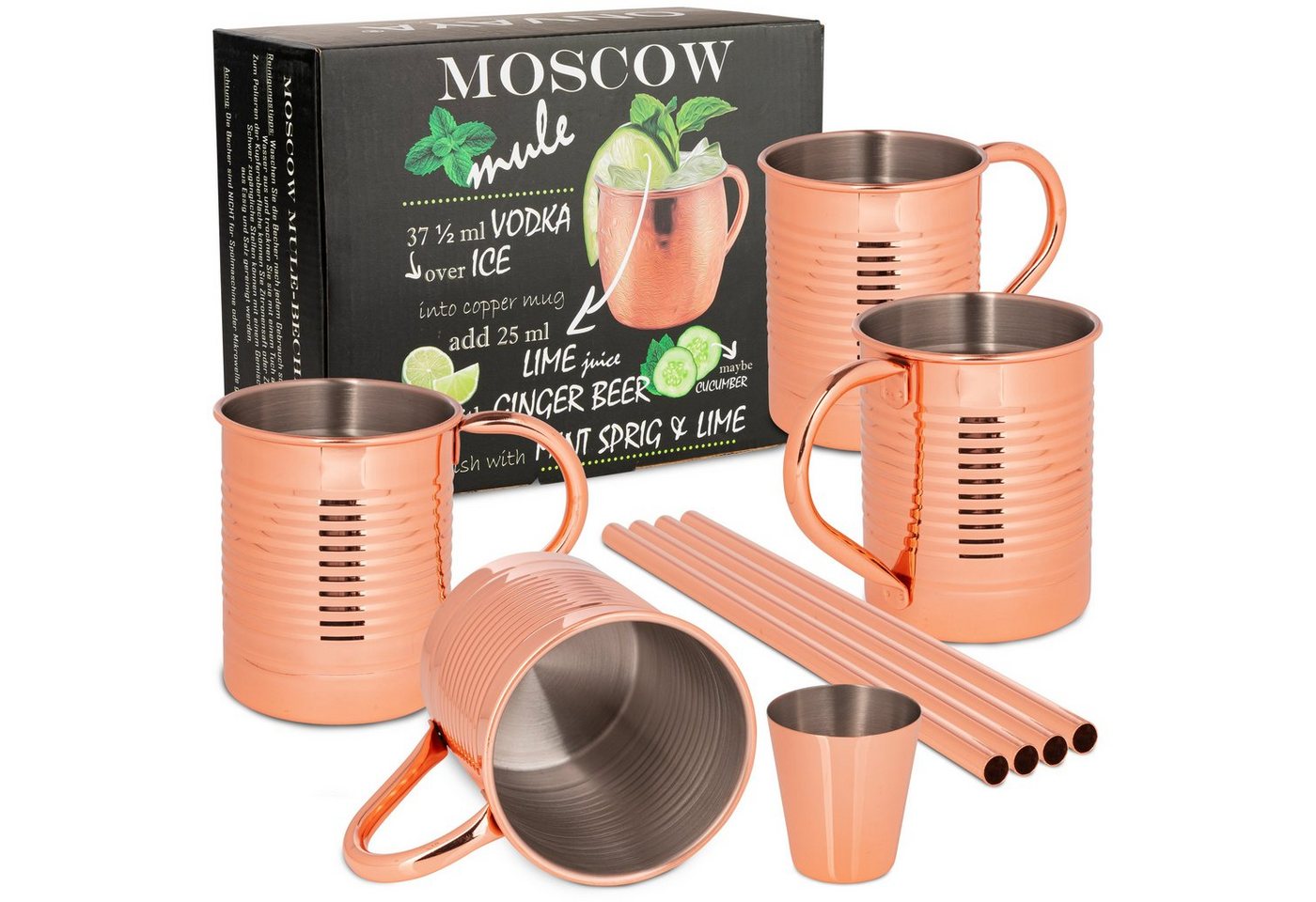 ONVAYA Cocktailglas Moscow Mule Becher Geschenk Set mit 4 Bechern, Barmaß & Strohhalm von ONVAYA