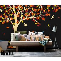 Tree Wall Decal - Große Schlafzimmer Wandaufkleber Bunte Vinyl-Baum Und Vögel Aufkleber K024B von ONWALLstudio