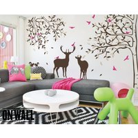 Tree Wall Decal - Hirsch Wandkunst Große Wandaufkleber Mit Eichhörnchen Und Vögel-mm010 von ONWALLstudio