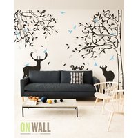 Tree Wall Decal - Hirsch Wandkunst Große Wandaufkleber Mit Eichhörnchen Und Vögel-mm010 von ONWALLstudio