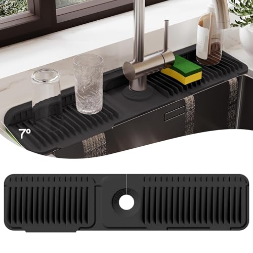 61 cm Silikon-Wasserhahnmatte für Küchenspüle, Spritzschutz – 2025 verbesserte Abtropfmatte mit Wasserwanne hinter dem Wasserhahn, Arbeitsplattenschutz zum Auffangen von verschütteten Flüssigkeiten von ONXE