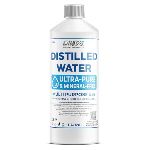 ONYX INGREDIENTS 101 Destilliertes Wasser, 1 Liter, 100 % ultrareines Wasser, für Labors, Bügeleisen, Luftbefeuchter, Reinigung, Motoren und mehr, destilliert in Großbritannien (1000 ml) von ONYX INGREDIENTS 101