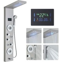 Duschpaneel Edelstahl Mit led Regenfall Wasserfall Duschkopf Handbrause und Wannenablauf Duschsystem aus Gebürstetem mit Temperaturanzeige von ONYZPILY
