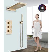 Unterputz Duscharmatur Set Gebürstet Gold mit Thermostat Regendusche Duschsystem Duschset Eckig Regenduschkopf und Messing Handbrause Hochwertiges 3 von ONYZPILY