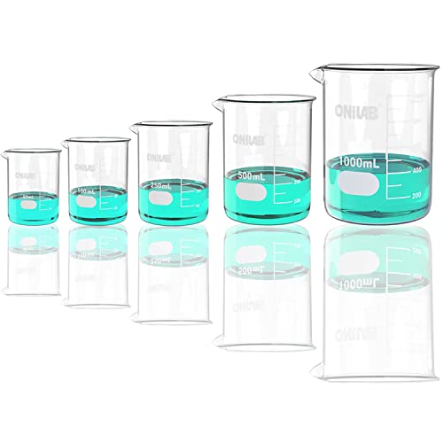 ONiLAB Glasmessbecher-Set 50 ml 100 ml 250 ml 500 ml 1000 ml (5er-Pack) 3.3 Boro Griffin Low Form mit bedruckter Graduierung Wissenschaftliche Glaswaren für Labore, Klassenzimmer oder den Heimgebrauch von ONiLAB