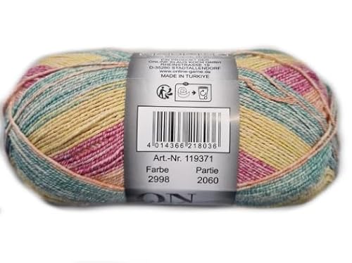 ONline Supersocke Sort. 360 Cotton Stretch Color 100g 2998 - gelb/pink/türkis von ONline Garne