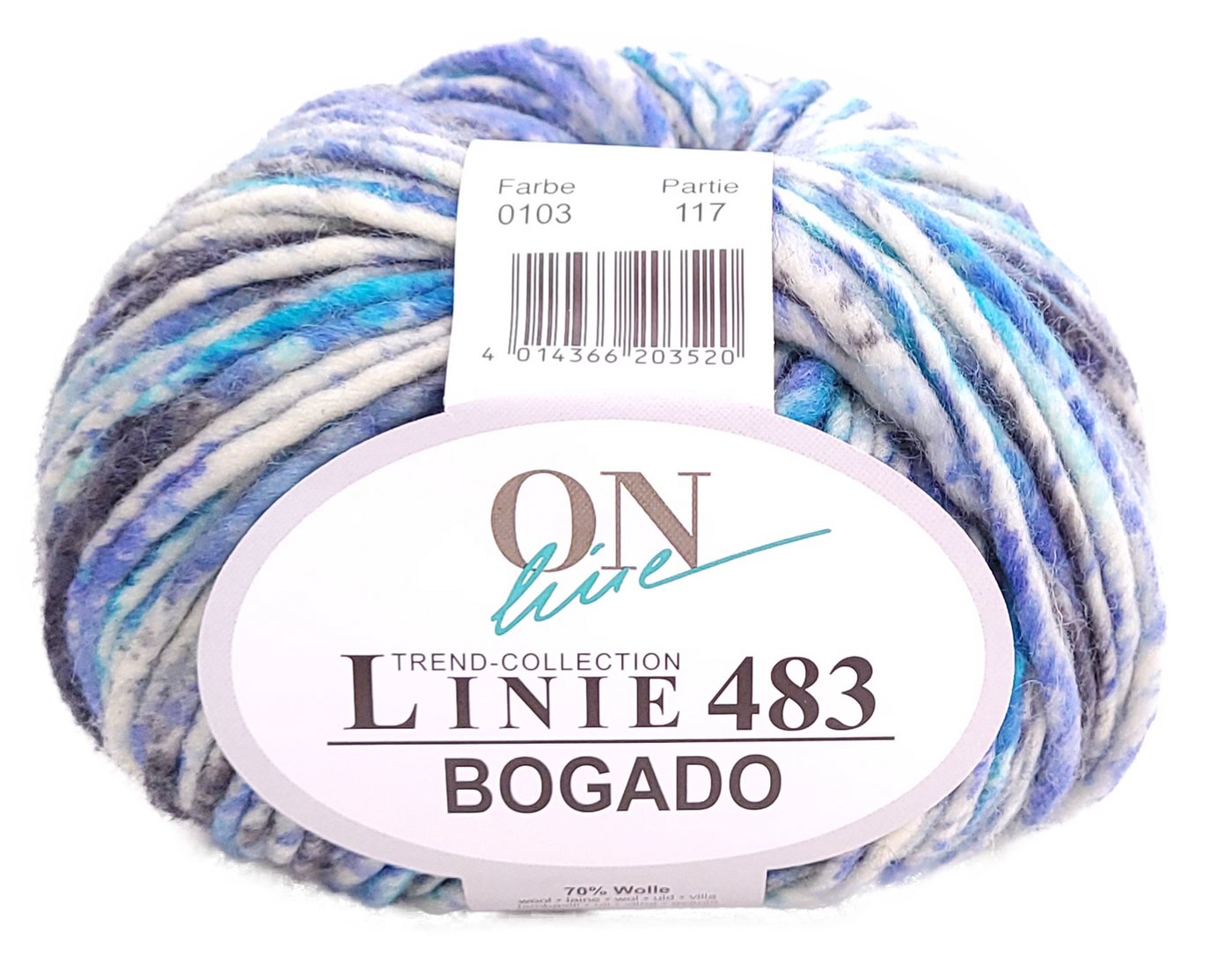 ONline Linie 483 Bogado Merinowolle mit Kaschmir Häkelwolle, 100,00 m (100g dicke Wolle zum Stricken und Häkeln, Strickwolle, Strickgarn, Handstrickgarn), Dochtgarn mit Kaschmiranteil, 70% Wolle, 25% Polyamid, 5% Kaschmir von ONline