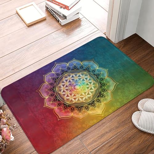 Fußmatte Badteppich Teppich Regenbogen Blume des Lebens mit Lotus vorne Anti-Rutsch Outdoor Heilige Geometrie Küche Teppich von OOAHJEID