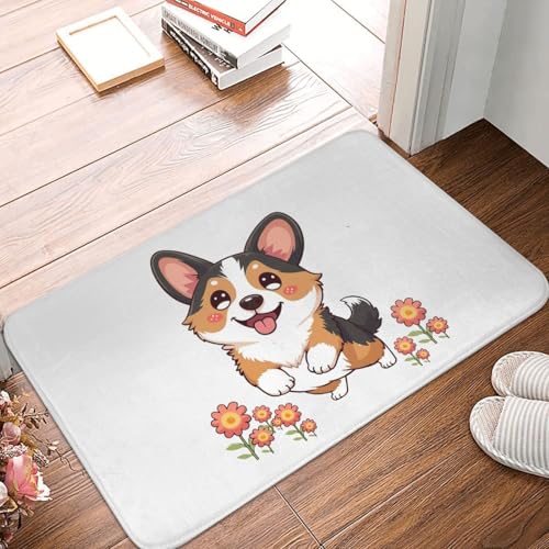 OOAHJEID Fußmatte Badteppich Teppich Kawaii Tricolor Corgi im Garten Anti-Rutsch-Bodenmatte Teppich von OOAHJEID