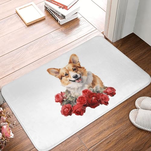 OOAHJEID Fußmatte Badteppich Teppich Valentinstag Corgi Corgy mit Rose Boquet rutschfeste Bodenmatte Teppich von OOAHJEID