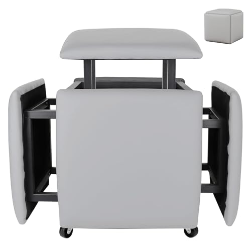 OOFAYJIA 5 in 1 Sitzhocker Sitzwürfel aus PU, Stapelbare Nesting Sofa Hocker mit Drehrollen, Fußhocker Gepolstert für Wohnzimmer Schlafzimmer, 45cm,Grau von OOFAYJIA