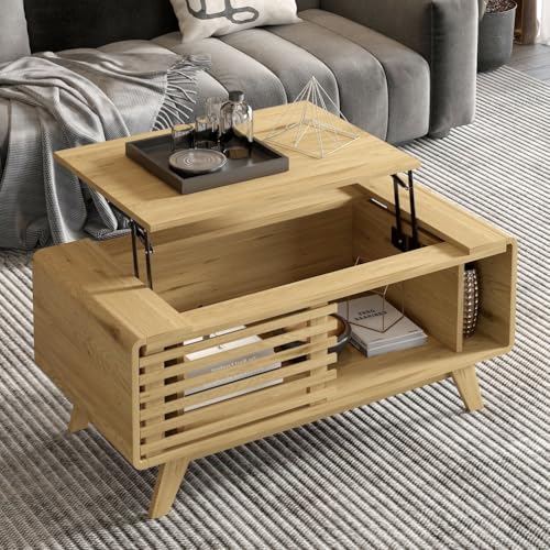 OOFAYJIA Couchtisch mit Anhebbarer Platte, Rechteckige Couchtische mit Stauraum und Offenem Regal, Moderner Bauernhaus Wohnzimmertisch Möbel von OOFAYJIA