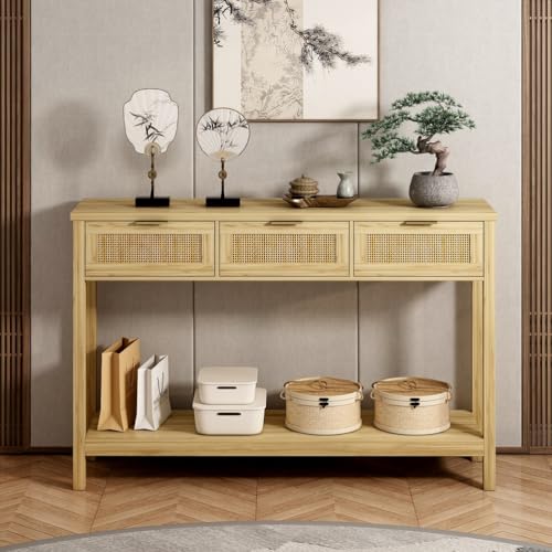 OOFAYJIA Rattan Konsolentisch, Boho Langer Einstiegstisch mit 3 Schubladen und offenem Ablagefach, Moderner Couchtisch Sofatisch für Wohnzimmer, Arbeitszimmer, Korridor OOFAYJIA Rattan Konsolentisch, Boho Langer Einstiegstisch mit 3 Schubladen und offenem Ablagefach, Moderner Couchtisch Sofatisch für Wohnzimmer, Arbeitszimmer, Korridor von OOFAYJIA